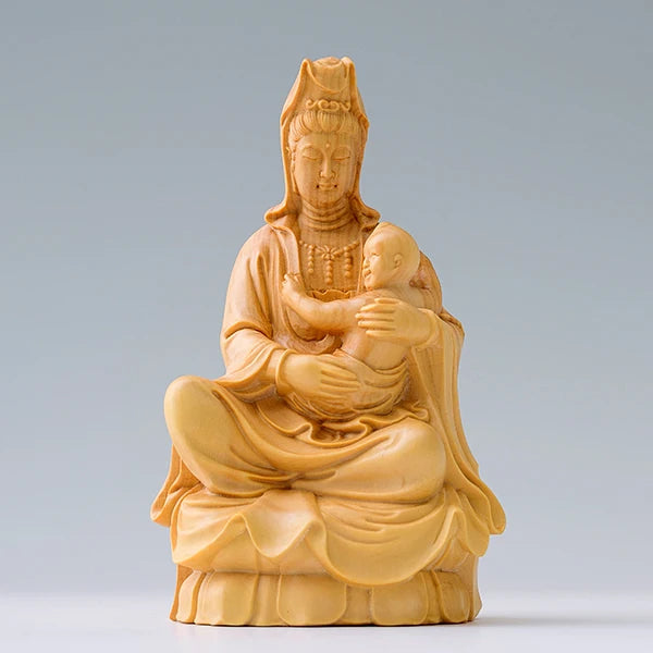 10CM SongZi Guanyin Wood Statue Crafts Buddha Statue Boxwood Home Decoration Feng Shui Figurines