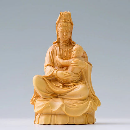 10CM SongZi Guanyin Wood Statue Crafts Buddha Statue Boxwood Home Decoration Feng Shui Figurines