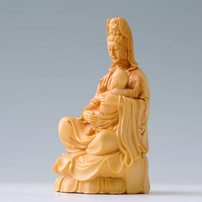 10CM SongZi Guanyin Wood Statue Crafts Buddha Statue Boxwood Home Decoration Feng Shui Figurines