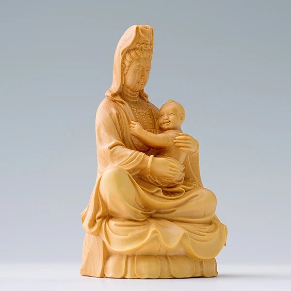 10CM SongZi Guanyin Wood Statue Crafts Buddha Statue Boxwood Home Decoration Feng Shui Figurines
