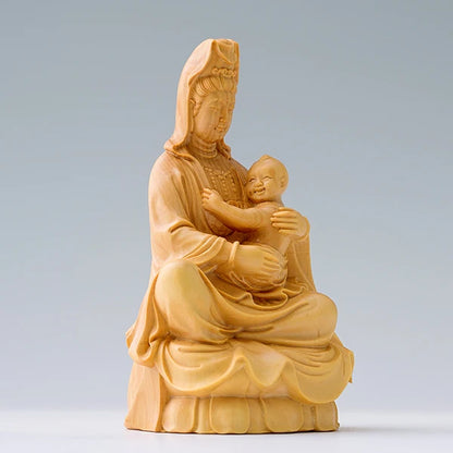 10CM SongZi Guanyin Wood Statue Crafts Buddha Statue Boxwood Home Decoration Feng Shui Figurines