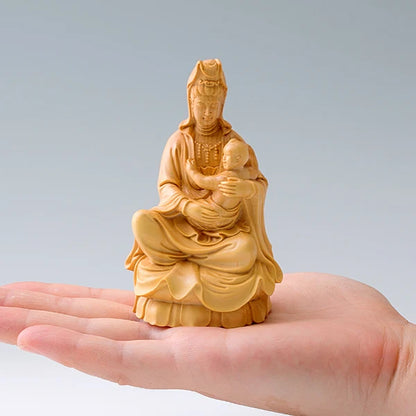 10CM SongZi Guanyin Wood Statue Crafts Buddha Statue Boxwood Home Decoration Feng Shui Figurines
