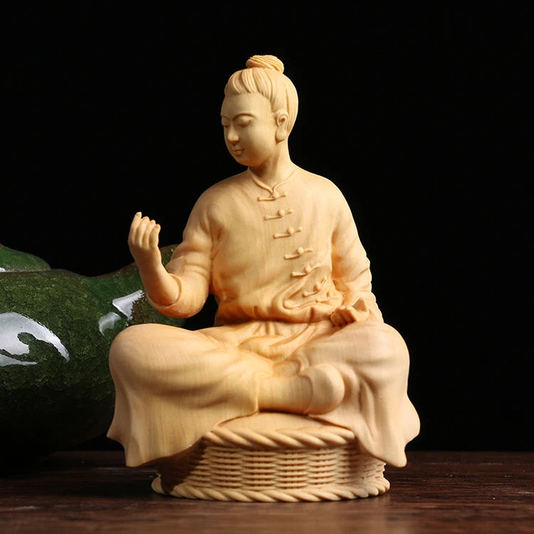 10CM Zen Tao Wood Feng Shui Sculpture Boxwood Home Tea Ceremony Office Wooden Chinese Decoration Sitting Statue Home Decor
