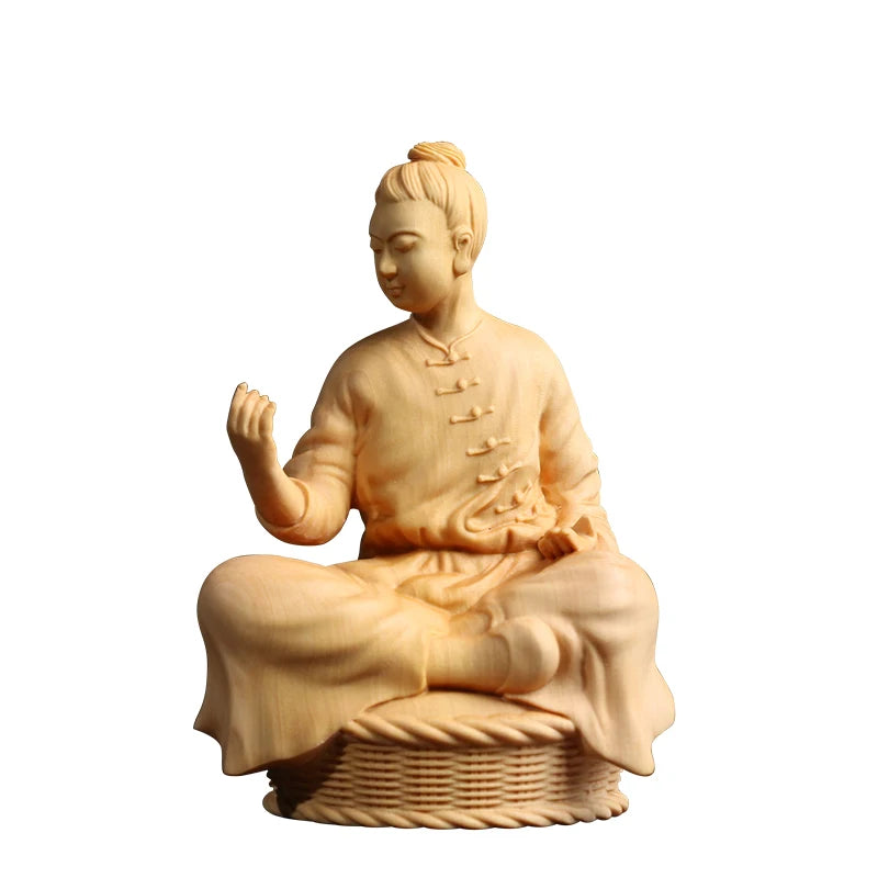 10CM Zen Tao Wood Feng Shui Sculpture Boxwood Home Tea Ceremony Office Wooden Chinese Decoration Sitting Statue Home Decor