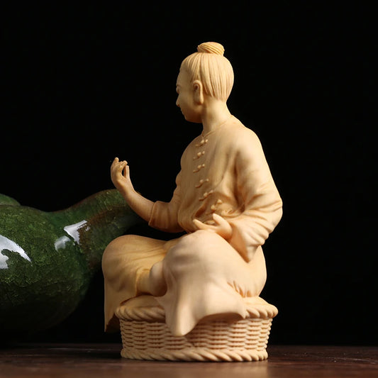 10CM Zen Tao Wood Feng Shui Sculpture Boxwood Home Tea Ceremony Office Wooden Chinese Decoration Sitting Statue Home Decor