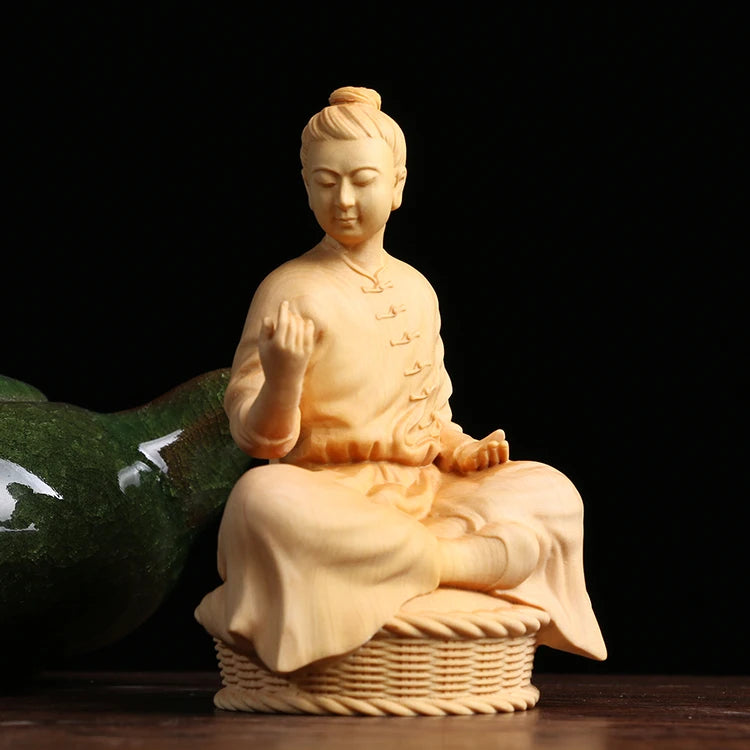 10CM Zen Tao Wood Feng Shui Sculpture Boxwood Home Tea Ceremony Office Wooden Chinese Decoration Sitting Statue Home Decor
