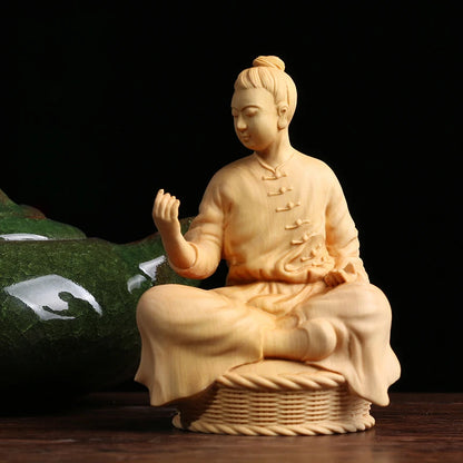 10CM Zen Tao Wood Feng Shui Sculpture Boxwood Home Tea Ceremony Office Wooden Chinese Decoration Sitting Statue Home Decor