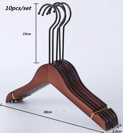 10Pcs/set Adult Extra-Wide Solid Wood and Metal Hook Wooden Hangers With Notches Non-slip Metal Hook for Clothes
