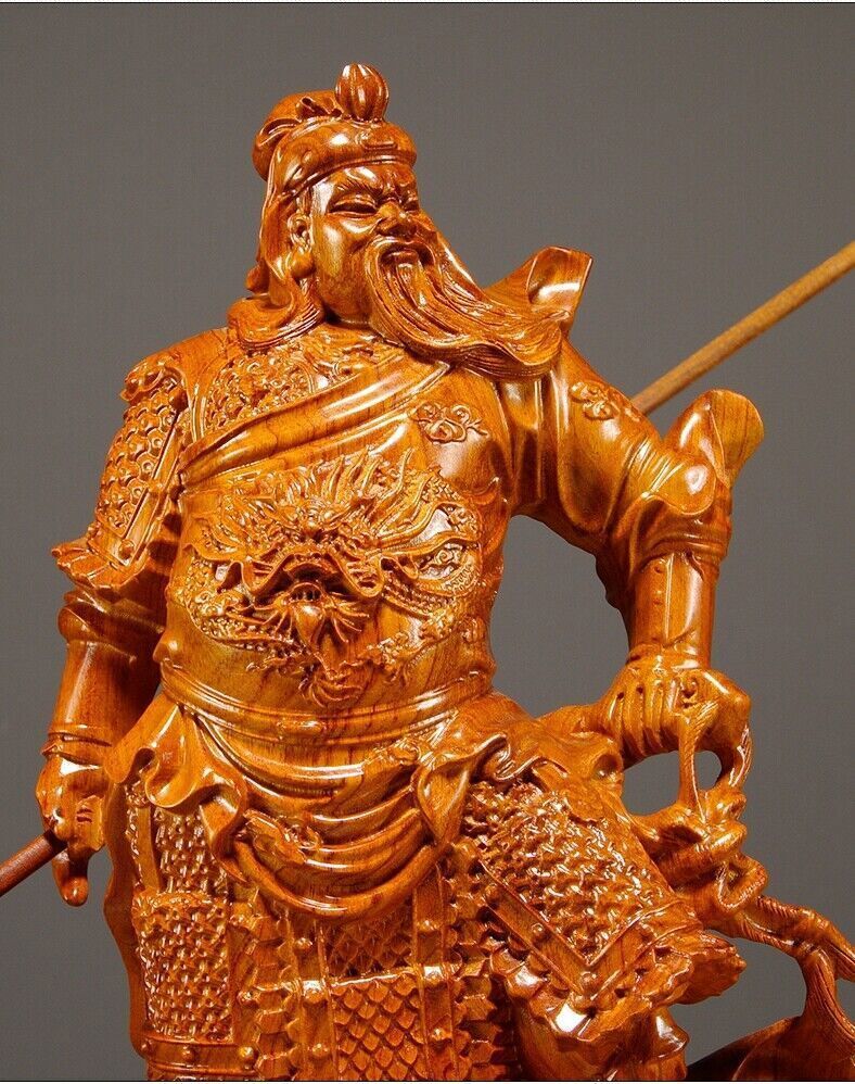 Rosewood China Fengshui Guan Gong Yu Warrior God Guanyu Dragon Statue Carved 关羽公