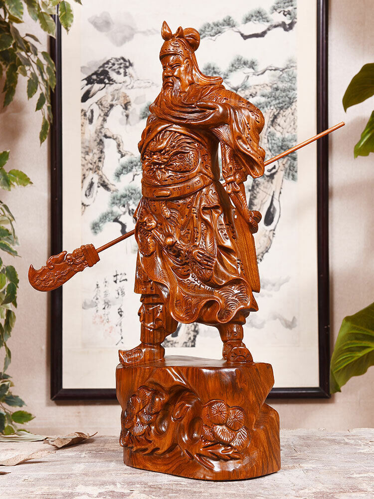 Chinese Guan Yu Gong Warrior God Wealth Wooden Carving Wood Statue fengshui 關公h1