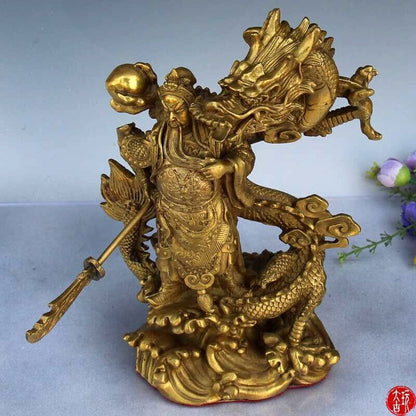 9" Chinese Fengshui brass Guan Gong Yu Warrior God Sword Stand in Dragon Statue