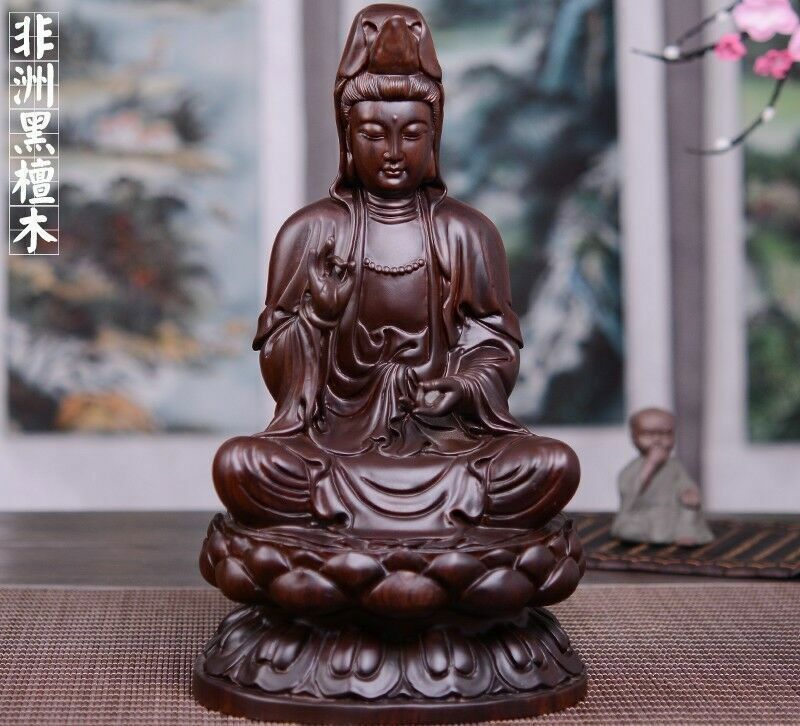 8",China Buddhism Wood Carved GuanYin Kwan-yin Buddha Statue Lotus Goddess 20cm