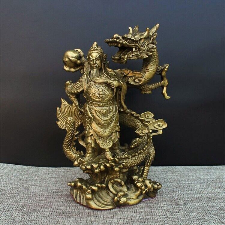 9" Chinese Fengshui brass Guan Gong Yu Warrior God Sword Stand in Dragon Statue
