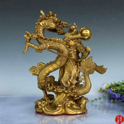 Chinese Brass Dragon GuanGong God Guan Yu Warrior Buddha Statue craft wealth 9"