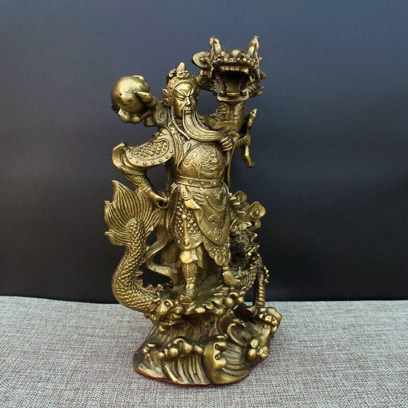 9" Chinese Fengshui brass Guan Gong Yu Warrior God Sword Stand in Dragon Statue