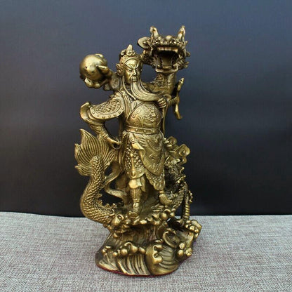9" Chinese Fengshui brass Guan Gong Yu Warrior God Sword Stand in Dragon Statue
