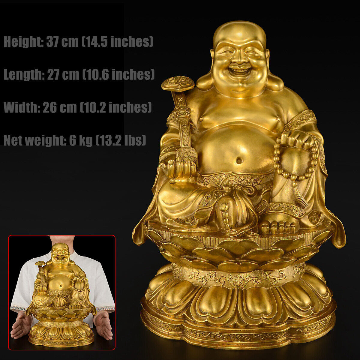 14",Buddhist Chinese Laughing Fat Buddha Maitreya,BRASS Statue,Bronze Gilt craft