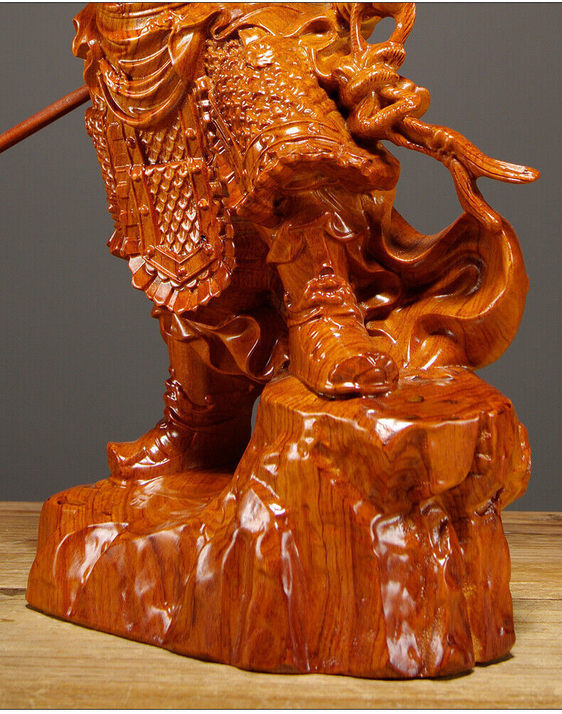 Rosewood China Fengshui Guan Gong Yu Warrior God Guanyu Dragon Statue Carved 关羽公