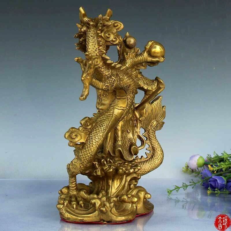 23cm, China Folk Brass Dragon GuanGong God Guan Yu Warrior Buddha Knife Statue