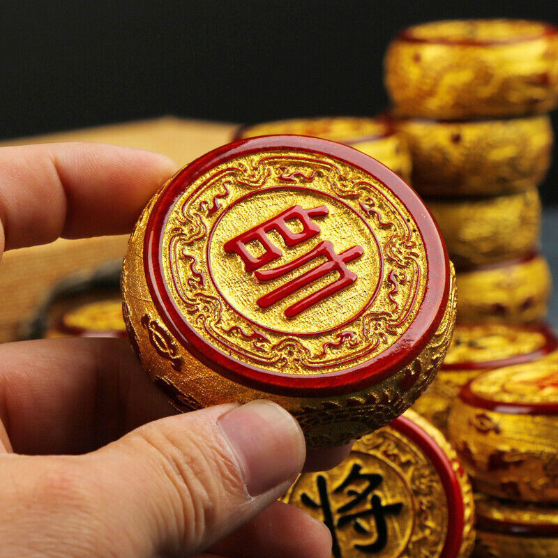 Large Traditional Golden Wooden Chinese Chess Checker Game xiangqi Pieces China