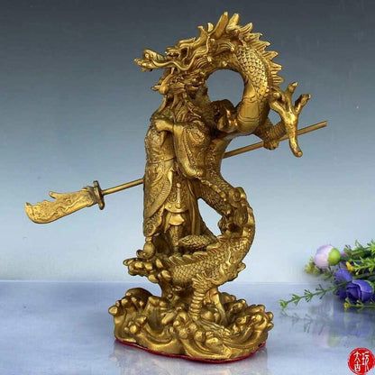 9" Chinese Fengshui brass Guan Gong Yu Warrior God Sword Stand in Dragon Statue