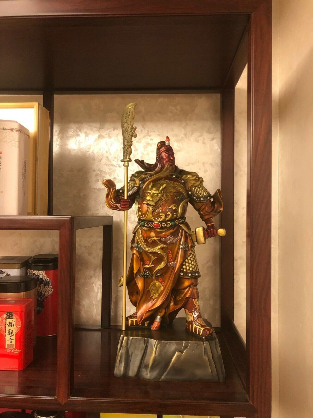 63cm,Chinese Folk Brass Copper Guan Gong Guan Yu Warrior God worship Statue 25''