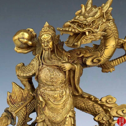 9" Chinese Fengshui brass Guan Gong Yu Warrior God Sword Stand in Dragon Statue