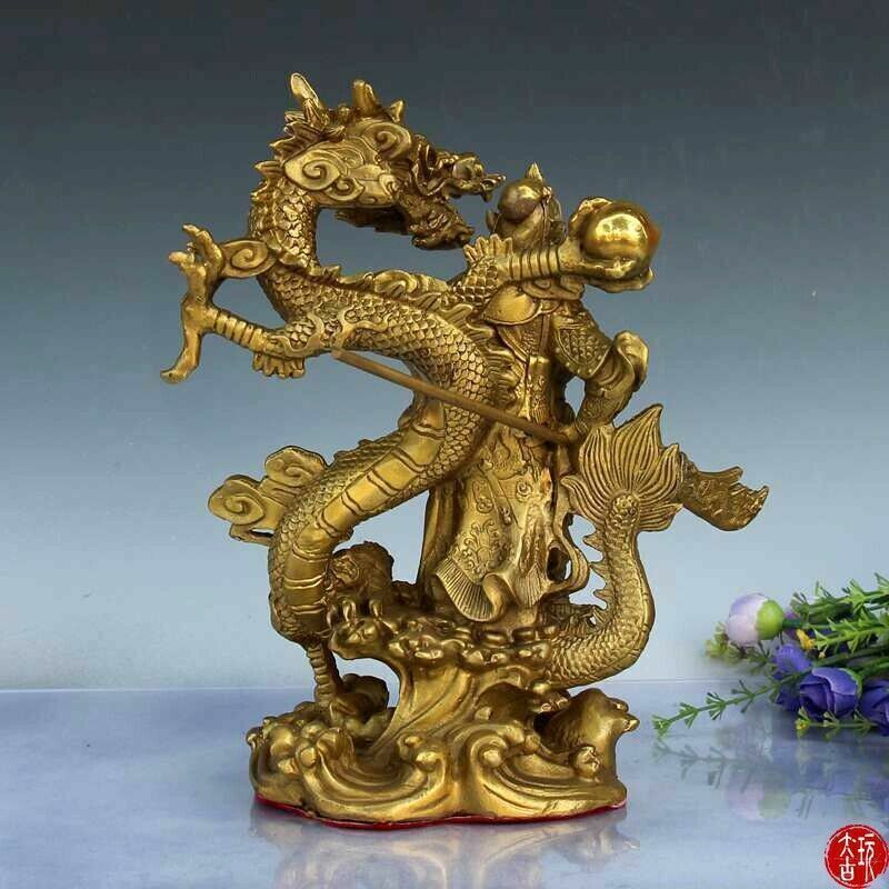 23cm, China Folk Brass Dragon GuanGong God Guan Yu Warrior Buddha Knife Statue