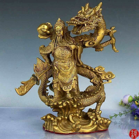 Chinese Brass Dragon GuanGong God Guan Yu Warrior Buddha Statue craft wealth 9"