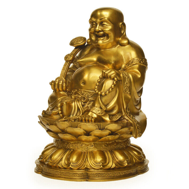 14",Buddhist Chinese Laughing Fat Buddha Maitreya,BRASS Statue,Bronze Gilt craft