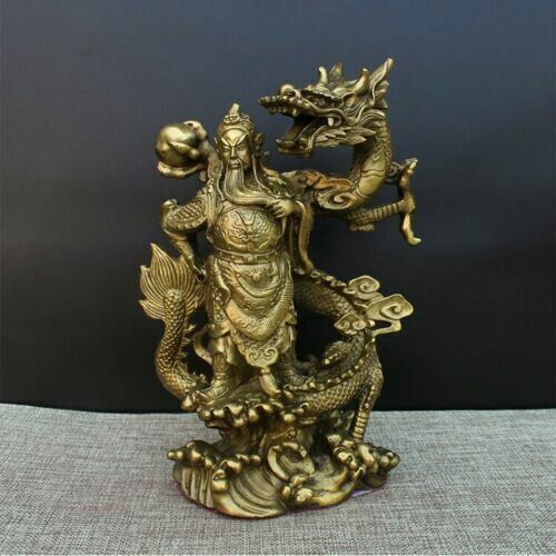 China Brass Dragon GuanGong God Guan Yu Warrior Buddha Statue craft wealth 9"