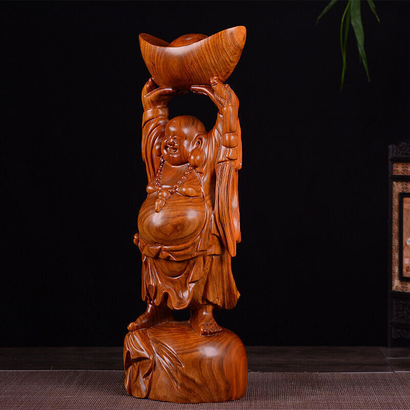 19in. African Rosewood Wealth YuanBao Happy Laugh Maitreya Buddha Statue craft