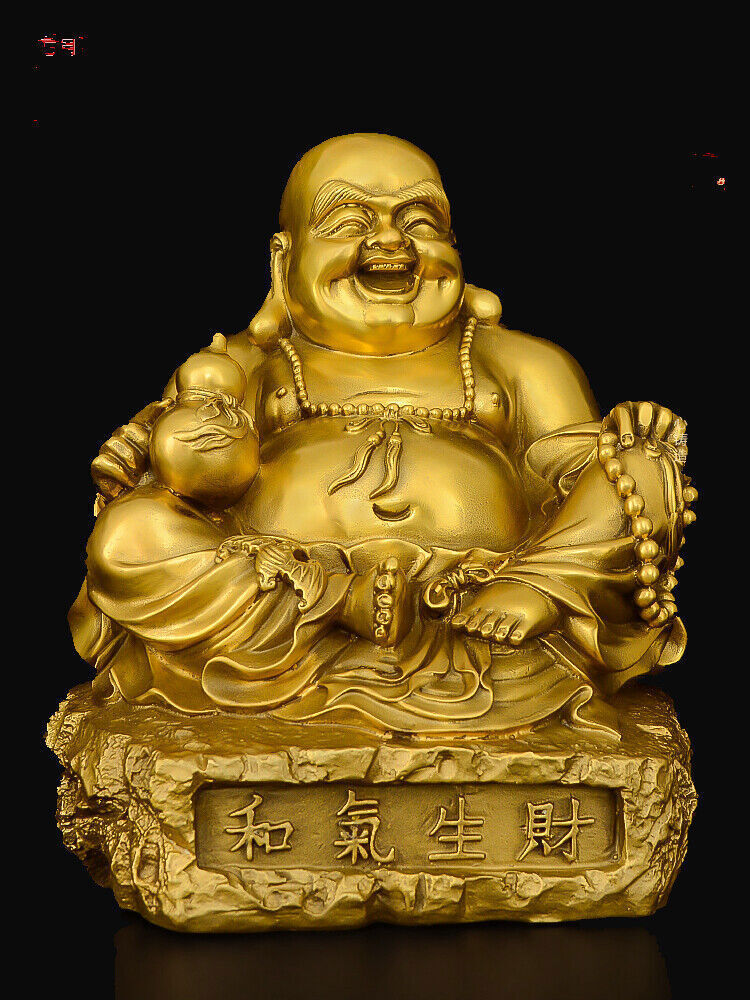 Chinese Buddhism BRASS Wealth Money Bag Happy Laughing Maitreya Buddha Statue