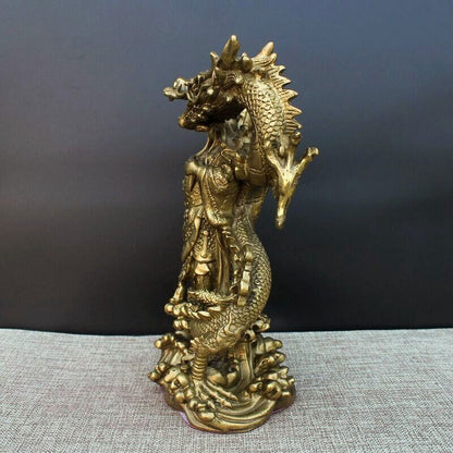 9" Chinese Fengshui brass Guan Gong Yu Warrior God Sword Stand in Dragon Statue
