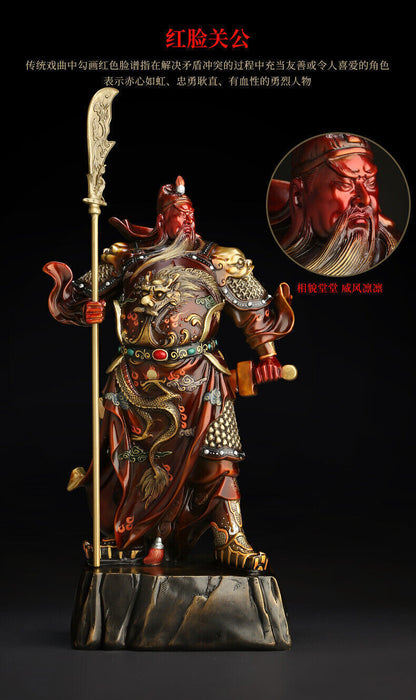 39cm,Chinese Folk Brass red Copper Guan Gong Guan Yu Warrior God Knife Statue