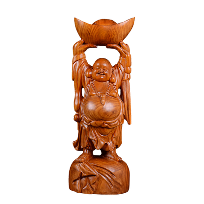 19in. African Rosewood Wealth YuanBao Happy Laugh Maitreya Buddha Statue craft