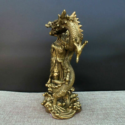 Chinese Brass Dragon GuanGong God Guan Yu Warrior Buddha Statue craft wealth 9"