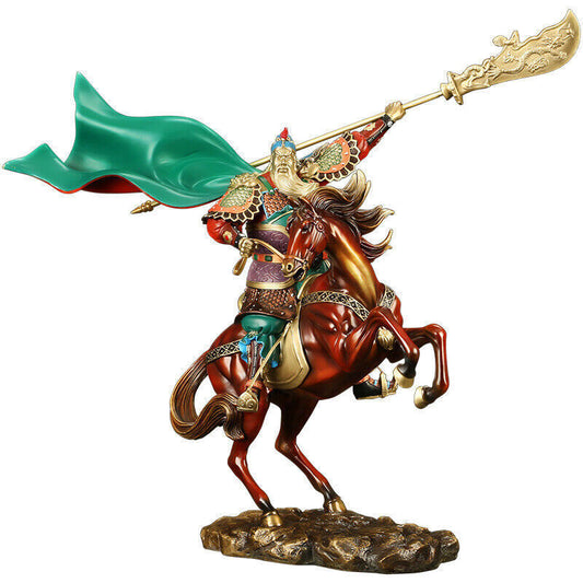 folk Collect Chinese Brass Dragon Warrior GuanGong Guan Yu God Ride Horse Statue