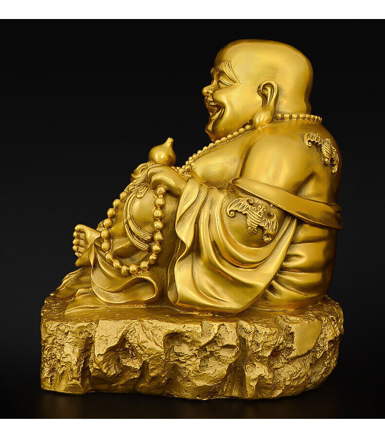 Chinese Buddhism BRASS Wealth Money Bag Happy Laughing Maitreya Buddha Statue