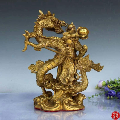 9" Chinese Fengshui brass Guan Gong Yu Warrior God Sword Stand in Dragon Statue