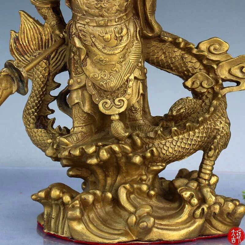 9" Chinese Fengshui brass Guan Gong Yu Warrior God Sword Stand in Dragon Statue