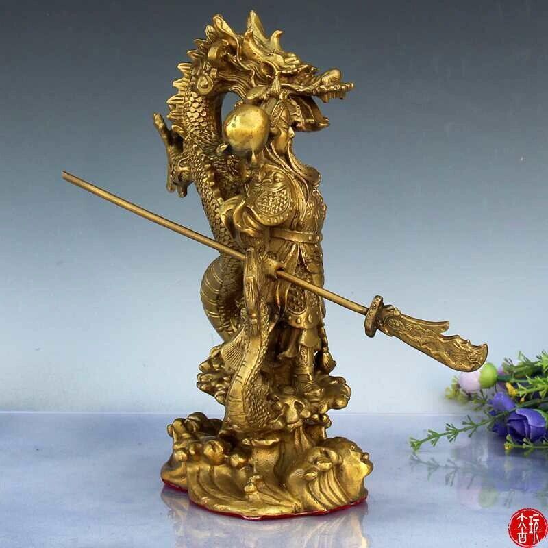 9" Chinese Fengshui brass Guan Gong Yu Warrior God Sword Stand in Dragon Statue
