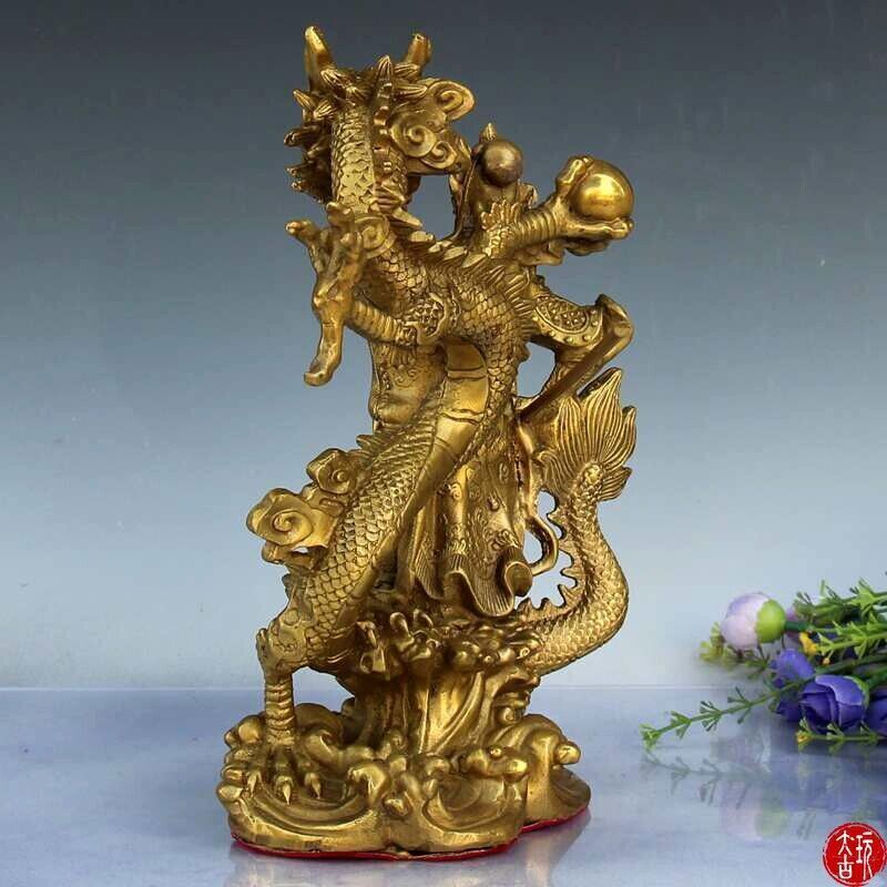 9" Chinese Fengshui brass Guan Gong Yu Warrior God Sword Stand in Dragon Statue