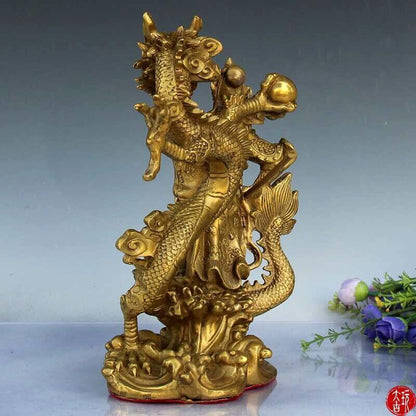 9" Chinese Fengshui brass Guan Gong Yu Warrior God Sword Stand in Dragon Statue