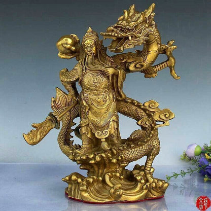 23cm, China Folk Brass Dragon GuanGong God Guan Yu Warrior Buddha Knife Statue