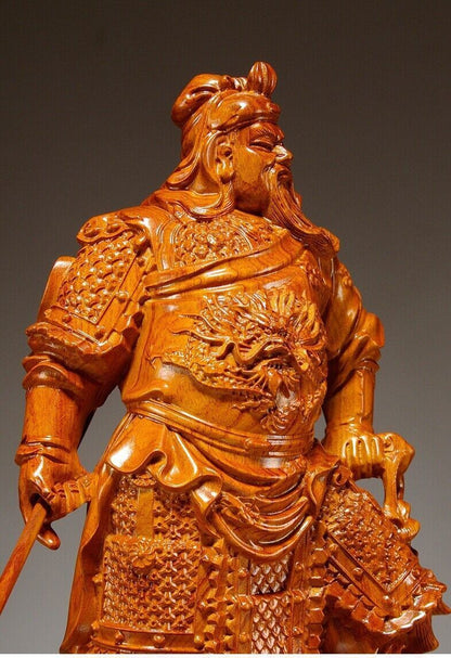 Rosewood China Feng shui Guan Gong Yu Warrior God Guanyu Dragon Statue Carved 关羽