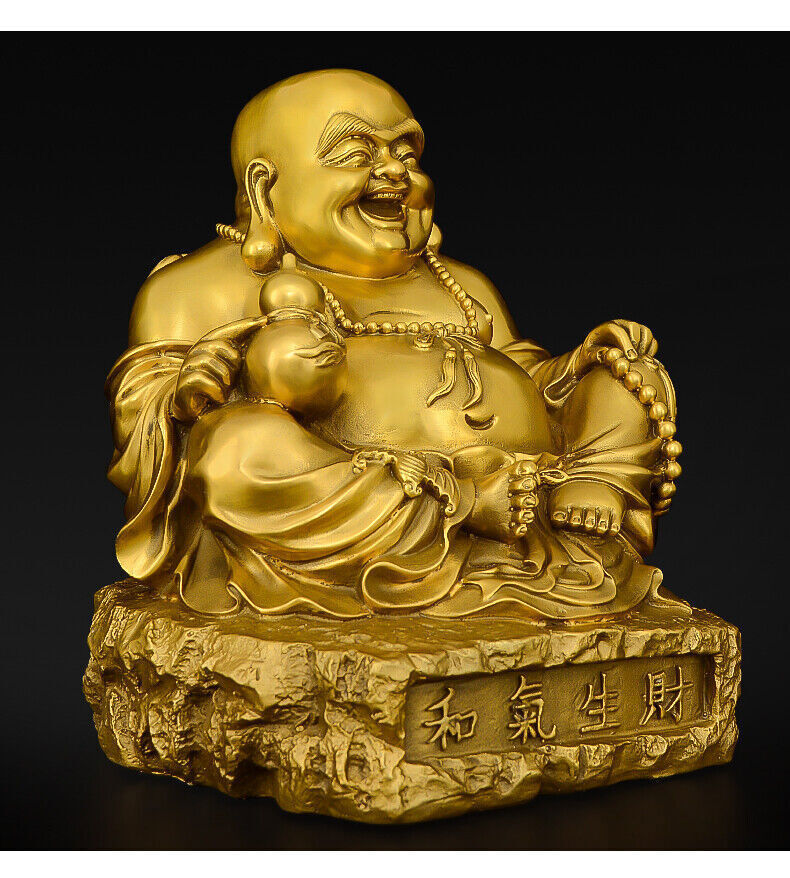 Chinese Buddhism BRASS Wealth Money Bag Happy Laughing Maitreya Buddha Statue