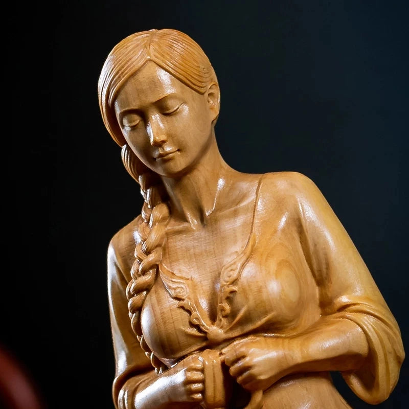 10cm Boxwood Home Decor Meditation Girl Wood Statue Beauty Figure Statue Chinese Folk Traditional Crafts Wood Sculpture