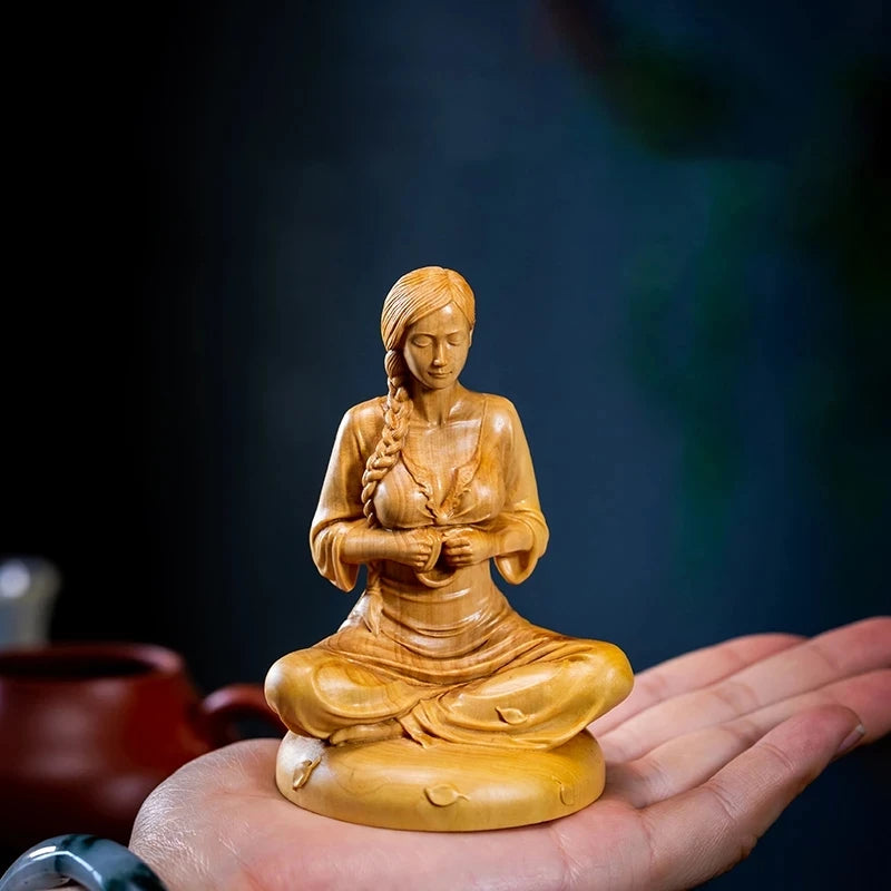 10cm Boxwood Home Decor Meditation Girl Wood Statue Beauty Figure Statue Chinese Folk Traditional Crafts Wood Sculpture