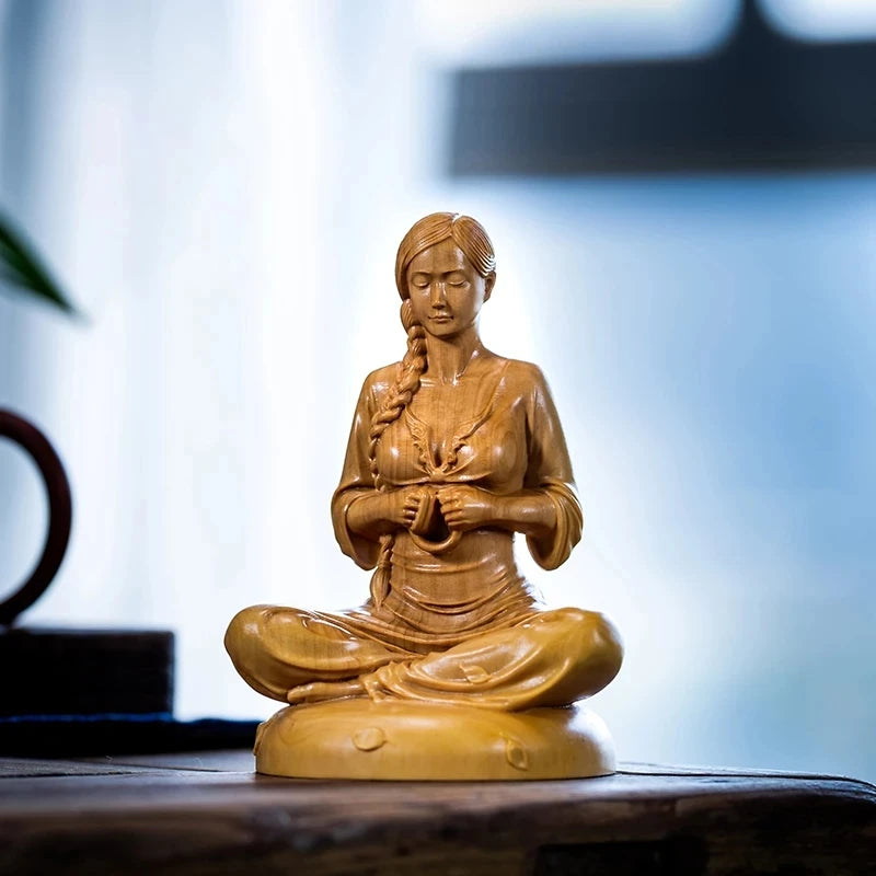 10cm Boxwood Home Decoration Meditation Girl Wooden Statues Beauty Figure Statue Chinese Folk Traditional Crafts